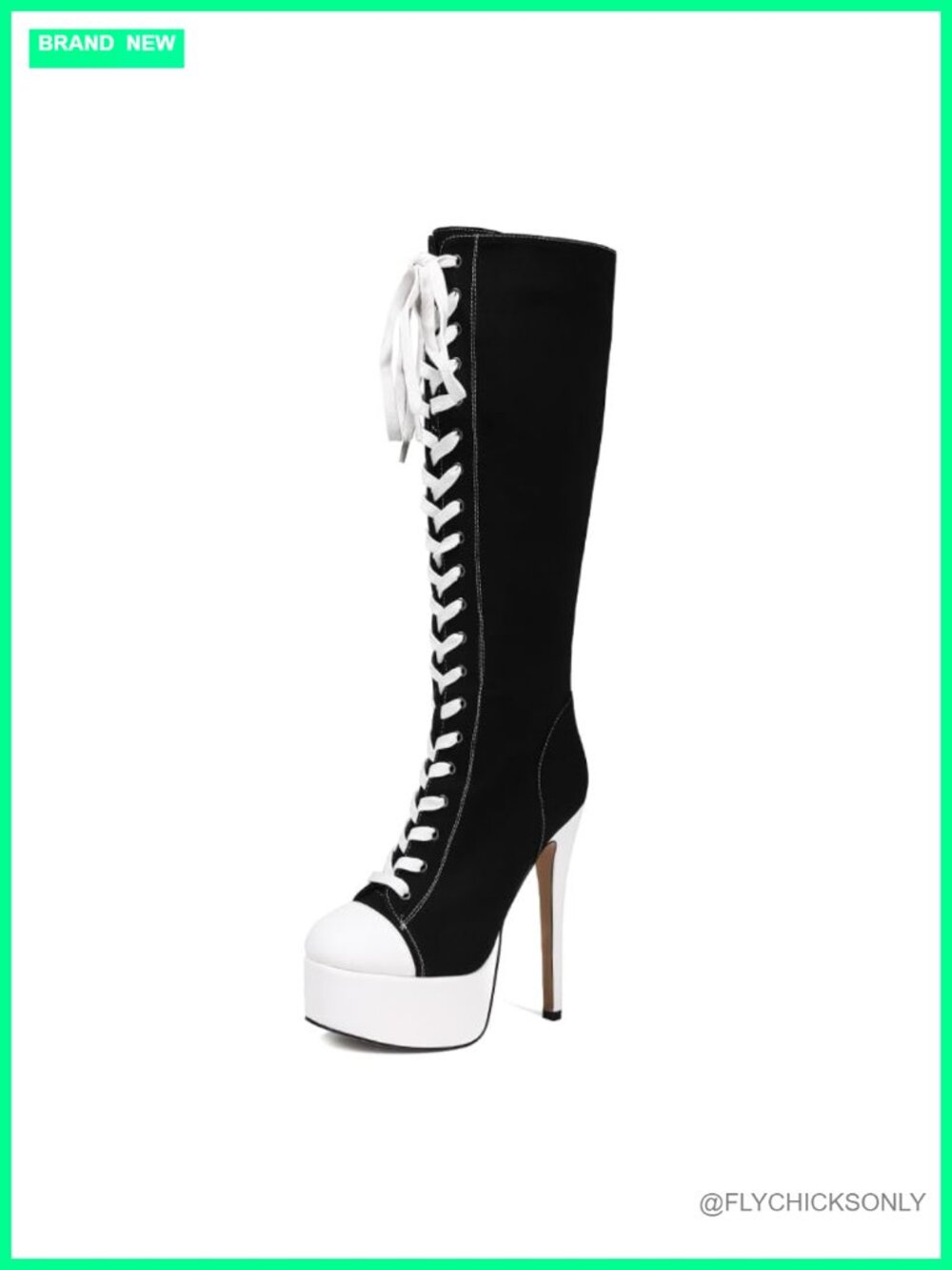 Canvas Lace-Up Knee High Platform Stiletto Heel Boots Round Toe Bootie